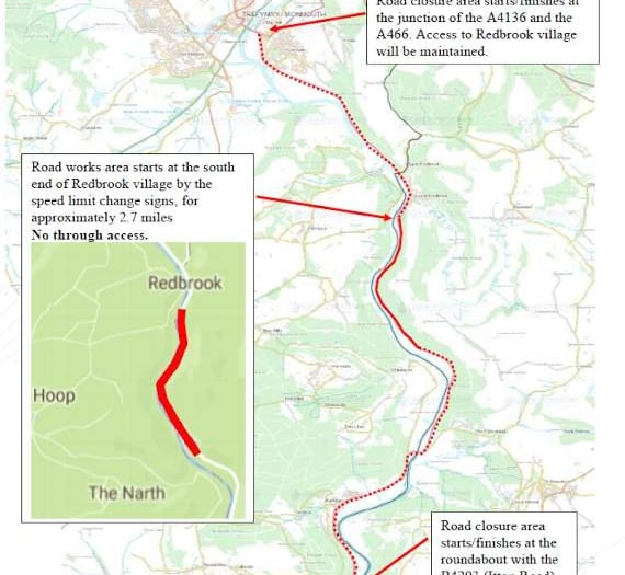 A466 to be closed for a week at Redbrook