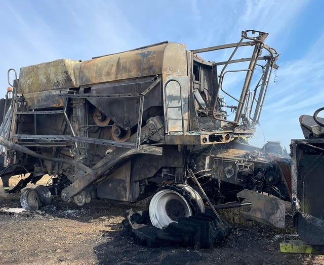 Combine harvester and standing crops destroyed near Drewsteignton