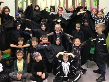 School pupils go batty for teacher’s Hallowe’en-themed wedding day