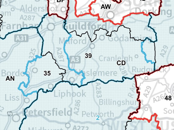 A map of the Boundary Commission’s proposed ‘Farnham and Bordon’ constituency (incorporating Haslemere and Liphook) with the black line representing the Surrey/Hampshire border, and the ‘Godalming and Ash’ constituency (incorporating Cranleigh and Milford).