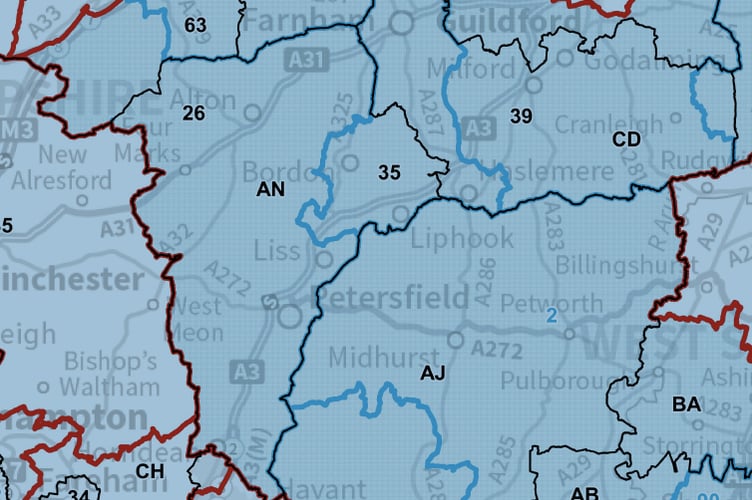 A map of the Boundary Commission’s proposed new East Hampshire constituency boundaries (number 26), omitting Bordon but reaching further south than at present. The neighbouring ‘Farnham and Bordon’ constituency is represented by number 35 and ‘Arundel and South Downs’ by number 2.