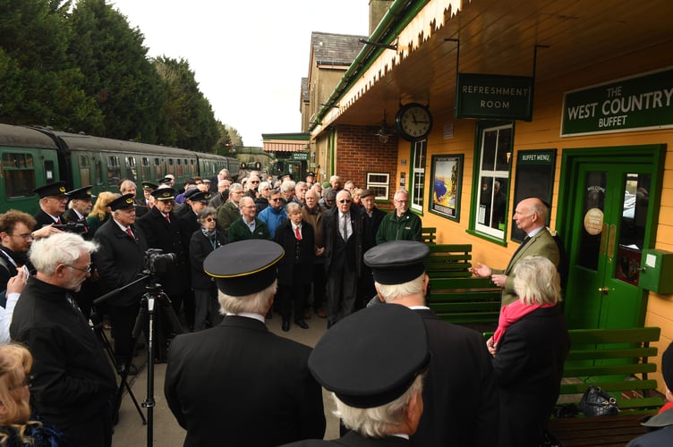 Volunteers who help maintain nd run the Watercress heritage railway that runs between Alresford and Alton in Hampshire have been awarded the Kings Award for volunteering.
 Pictured: Watercress President Richard Lacey addresses thanks to the lines volunteers as they gathered outside teh West Country Buffet on platform 1 for the award ceremony.Â©Russell Sach - 0771 882 6138