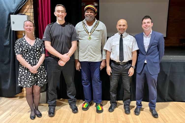 Whitehill & Bordon annual town assembly, March 16th 2023. From left: Cllr Catherine Clark, Sgt Noel Griffiths, Cllr Leeroy Scott, Ch Insp Habib Rahman and Cllr Andy Tree.