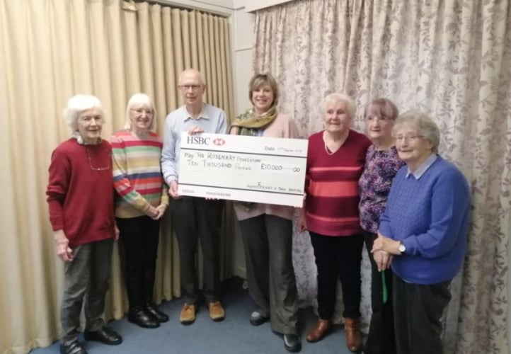 Chase Hospital League of Friends chairman Dr Frank Williams-Thomas presents a cheque for £10,000 to Sally Bull of The Rosemary Foundation, March 2023.