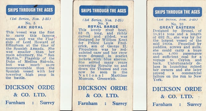 The rear of three 'Ships Through The Ages' cards included in packs of Dickson Orde & Co's sweet cigarettes, made in Farnham