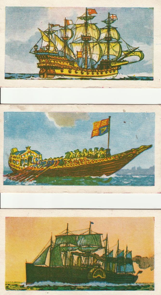 Three of the 'Ships Through The Ages' cards included in packs of Dickson Orde & Co's sweet cigarettes, made in Farnham