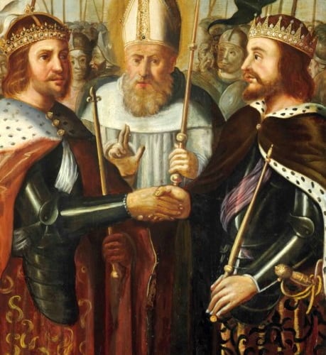 A depiction of the Treaty of Picquigny, an alliance between King Edward IV of England and the King of France