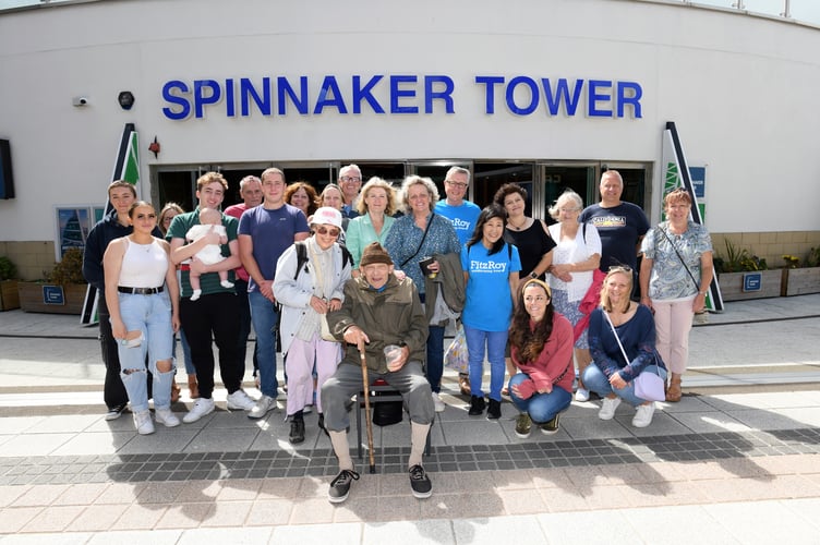 PETER WALKER SPINNAKER ABSEIL 

SPINNAKER TOWER, PORTSMOUTH, HAMPSHIRE
ENGLAND
AUGUST 2023

A 92-year-old Hampshire man undertook a charity abseil in memory of his journalist son who died in March of this year   
Hampshire's Peter Walker navigated his way down Portsmouthâs Spinnaker Tower accompanied by a professional abseiler to honour his son Jon who for many years had been the Chief Reporter at the Petersfield Post, Jon, who was 64, died just weeks after being diagnosed with terminal cancer

The Spinnaker Tower, known as 'The Sail of The Solent' is a 170 metre high observation overlooking the redevelopment of Portsmouth Harbour and the Gunwharf Quays retail complex below as well as offering a 'bird's eye view' of the adjoining Naval Base and across The Solent to the Isle of Wight 

During the summer months many people raise money for charities by experiencing the 100 metre descent and its associated adrenaline rush, but not many are 92 years of age ! 

Mr Walker Senior is aiming to raise money for Fitzroy, a charity often covered by his son which provides a range of services for adults with learning disability, autism and similar conditions.  Mr Walker, who is partially disabled and needed his doctorâs approval to undertake the challenge, said âMy son Jon was a legend because he loved Petersfield and its people and worked hard for them, for me, he is an inspiration....''I am self-sponsoring an abseil from the Spinnaker Tower to raise funds for, and to raise the profile of Fitzroy ''

Peter Walker (seated) - with his family, daughter-in-law and friends at the base of the Spinnaker Tower 

(Photo by Malcolm Wells)
 
Standard reproduction rates apply, contact Malcolm Wells to arrange payment - Mobile: 07802-217-569 
malcolmrichardwells@gmail.com
