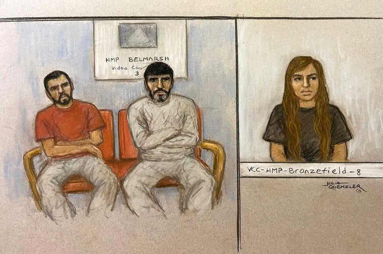 (L-R) Faisal Malik, 28, Urfan Sharif, 41, and Beinash Batool, 29, appear via video link  at the Old Bailey this morning, September 19, 2023, from their respective prisons.  Release date  September 19, 2023.  See SWNS story SWCCsara.  A provisional trial date has been set for next year for the murder of 10-year-old Sara Sharif by her father, stepmother and uncle.  Urfan Sharif, 41, his partner Beinash Batool, 29, and Urfan's brother, Faisal Malik, 28, all of Woking in northwest Surrey, have each been charged with the young girls murder as well as with a separate charge of causing or allowing her death.  The three defendants left the UK for Pakistan the day before Saras body was found at her home on August 10, and a post-mortem examination found she had suffered from multiple and extensive injuries.    An earlier hearing was told she was found under a blanket on a bed with two notes placed under her pillow.  The trio appeared via video links for their hearing at the Old Bailey this morning.   Batool, wearing a grey t-shirt, is being held at HMP Bronzefield in Ashford, Surrey. Sharif, wearing a grey tracksuit, and Malik, wearing a red shirt, are being held at the high-security, Category A HMP Belmarsh prison in Thamesmead, southeast London.   The men were sat together on a red sofa in a large, blue room. 