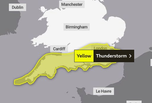 Met Office warns of thunderstorm and heavy rain on Tuesday morning