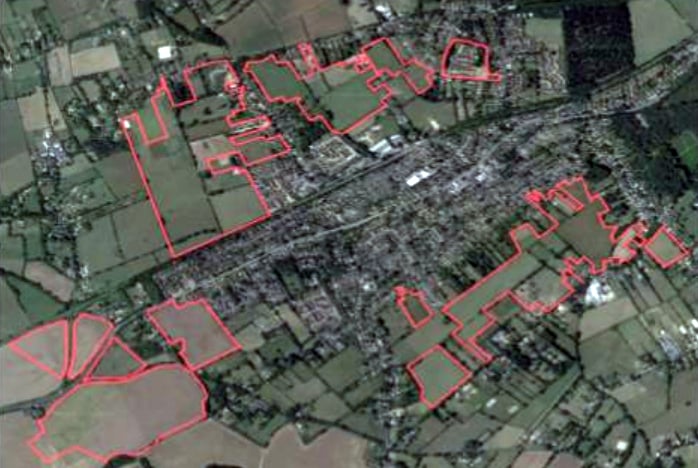 The areas highlighted in red are potential sites for new housing in Four Marks and Medstead.