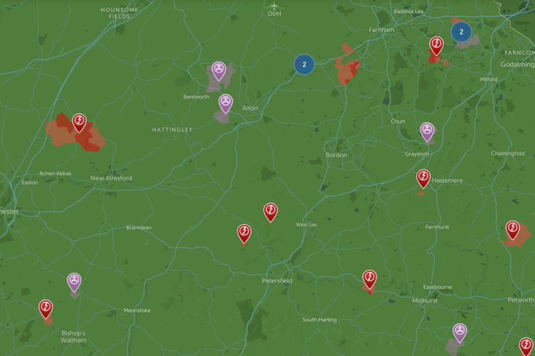 Hundreds of homes across the Surrey and Hampshire borders are without power after Storm Isha lashed the area on Sunday night