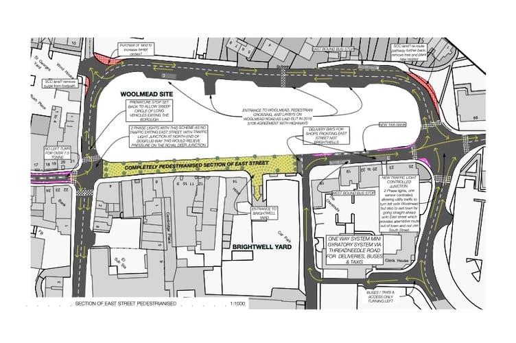 This drawing illustrates the proposal by George and Yolande Hesse to pedestrianise the western end of East Street, between the Royal Deer traffic lights and Threadneedle Road