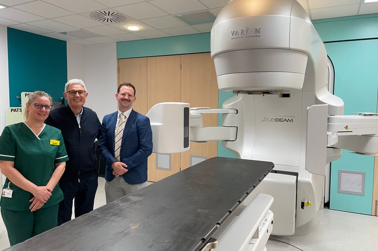 Royal Surrey radiographer Kate Maltby, Michael Robson, prostate cancer patient and  Dr Philip Turner, Consultant Clinical Oncologist 