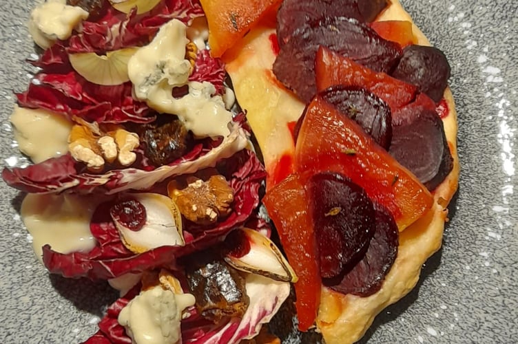 Beetroot tarte tatin served with radicchio gorgonzola and sweet dates at The Aviator