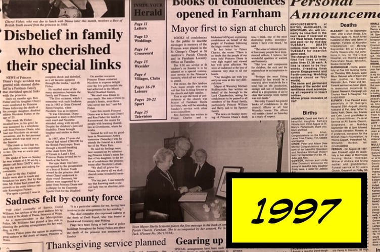 Events were cancelled, books of condolences opened, and sadness was felt by all in the Farnham area after the death of Princess Diana, reported The Herald on September 5, 1997