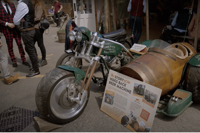 Hogs Back Beer Machine made from old Harley Davidson and barrel sidecar