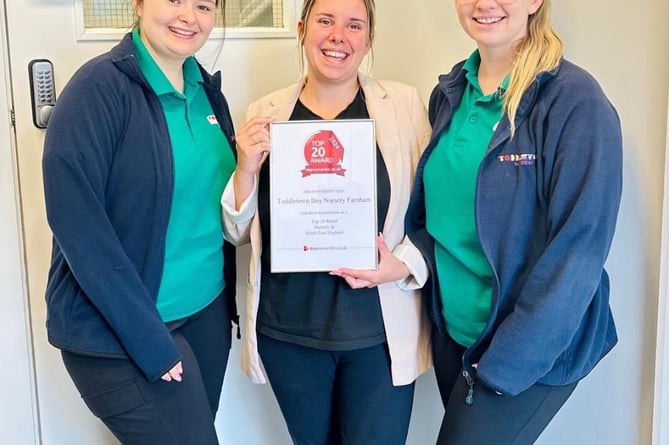 From left: Toddletown Day Nursery Farnham deputy manager Jess, manager Sophie Lemon and deputy manager Jade, with Top 20 nurseries award, June 2024.