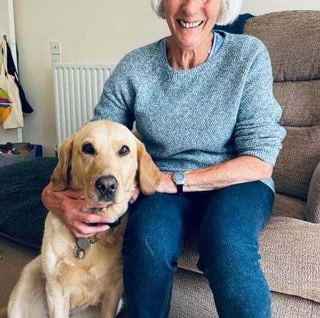 Pip Kirkness with her guide dog Alice, Alton, July 2024.