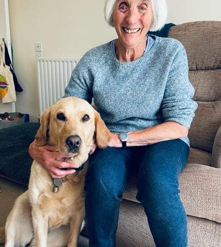 Pip Kirkness with her guide dog Alice, Alton, July 2024.