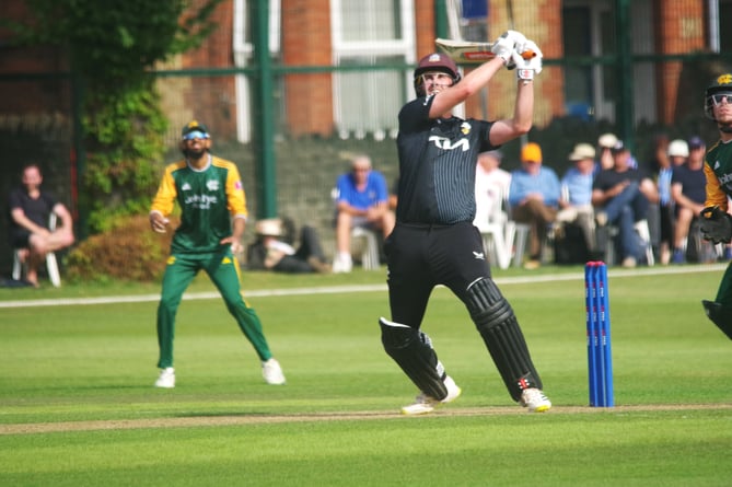 Dom Sibley hits out for Surrey against Nottinghamshire (Photo: Mark Sandom)