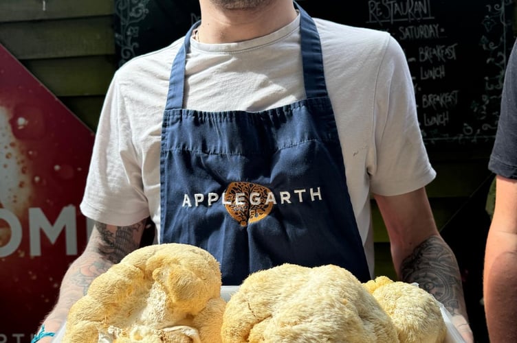 Head chef Gary with Lions Mane mushrooms grown at the farm