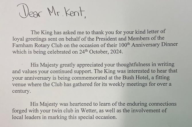 Farnham Rotary Club Centenary Kings Letter