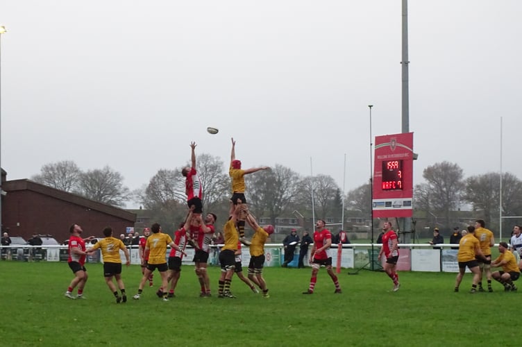 Petersfield captain Matt Momber is lifted to catch at a line-out, Petersfield v Winchester, November 30th 2024.