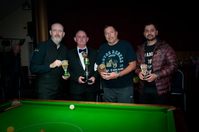 Paul Lee, second left, at Farnham & District Billiards & Snooker League presentation night, November 2024.