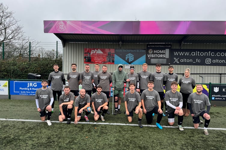 Regan Hitch and his Alton Phoenix team-mates line up for the camera at Alton FC's Anstey Park Enclosure, December 2024.