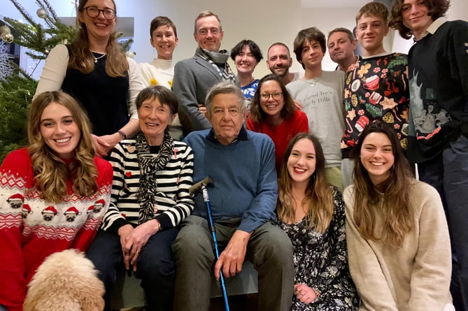 Paddy and Annis Mendham with their children and their spouses, and their seven grandchildren, Christmas 2022.