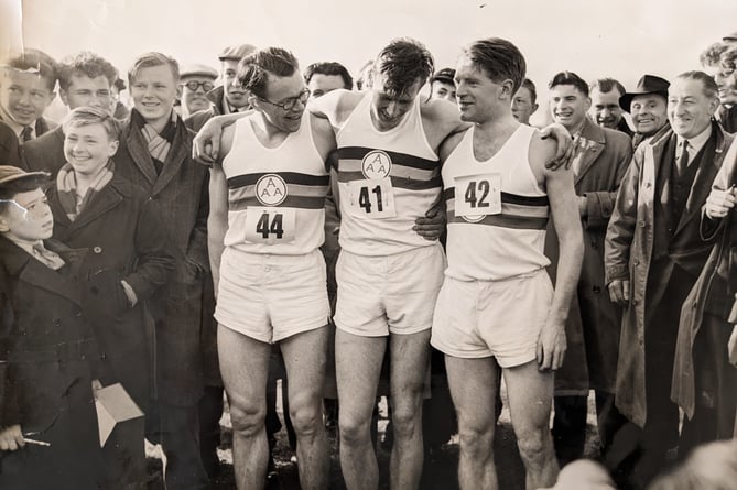 Paddy Mendham, far left at the back, has just seen Roger Bannister become the first person to run a mile in under four minutes, Iffley Road Track, Oxford, May 6th 1954.